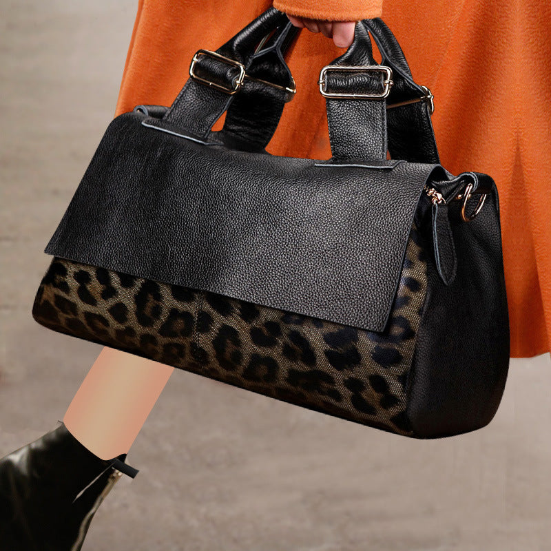 Genuine Leather Large Capacity Handbag Women's Bag Fashion Leopard Print Tote Bag Soft